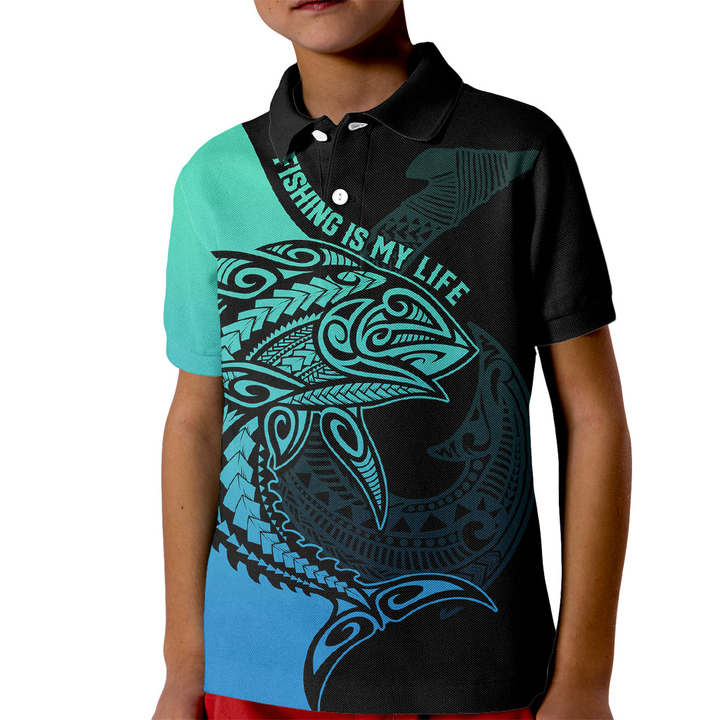 Personalised Polynesia Fishing Kid Polo Shirt With Maori Hei Matau Fish Hook Turquoise Art - Wonder Print Shop