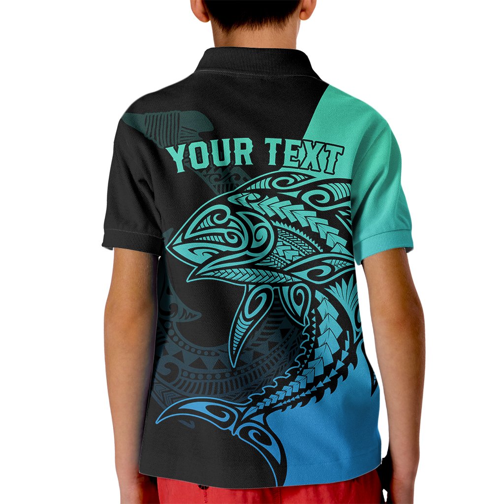 Personalised Polynesia Fishing Kid Polo Shirt With Maori Hei Matau Fish Hook Turquoise Art - Wonder Print Shop