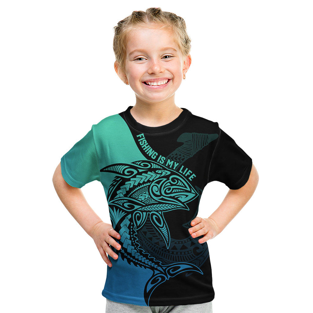 Personalised Polynesia Fishing Kid T Shirt With Maori Hei Matau Fish Hook Turquoise Art - Wonder Print Shop