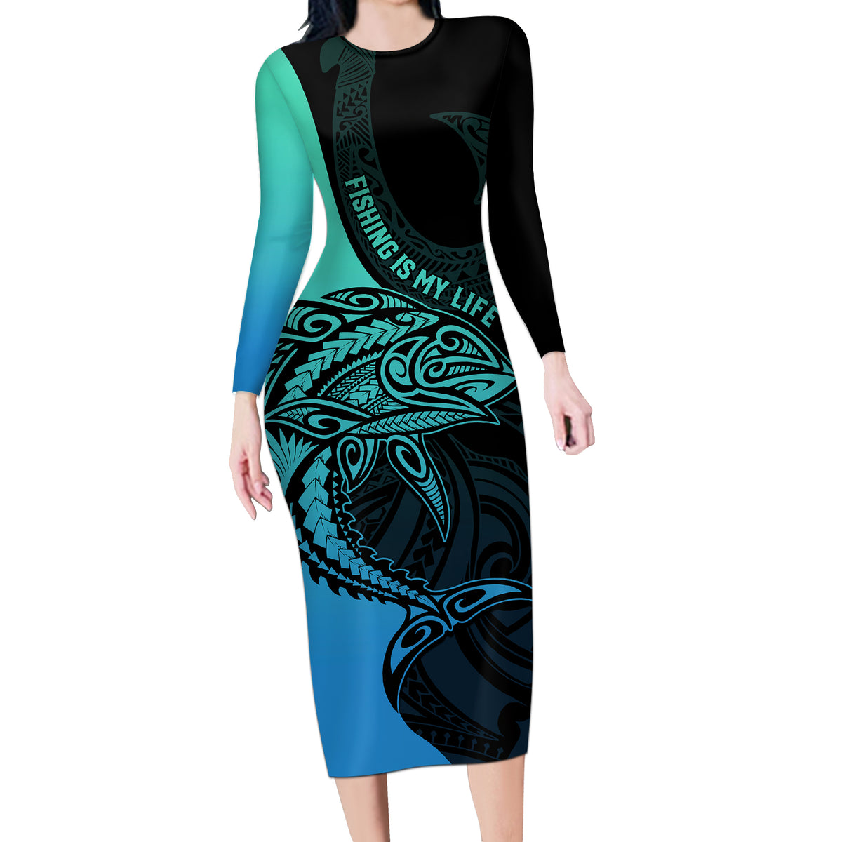 Personalised Polynesia Fishing Long Sleeve Bodycon Dress With Maori Hei Matau Fish Hook Turquoise Art - Wonder Print Shop