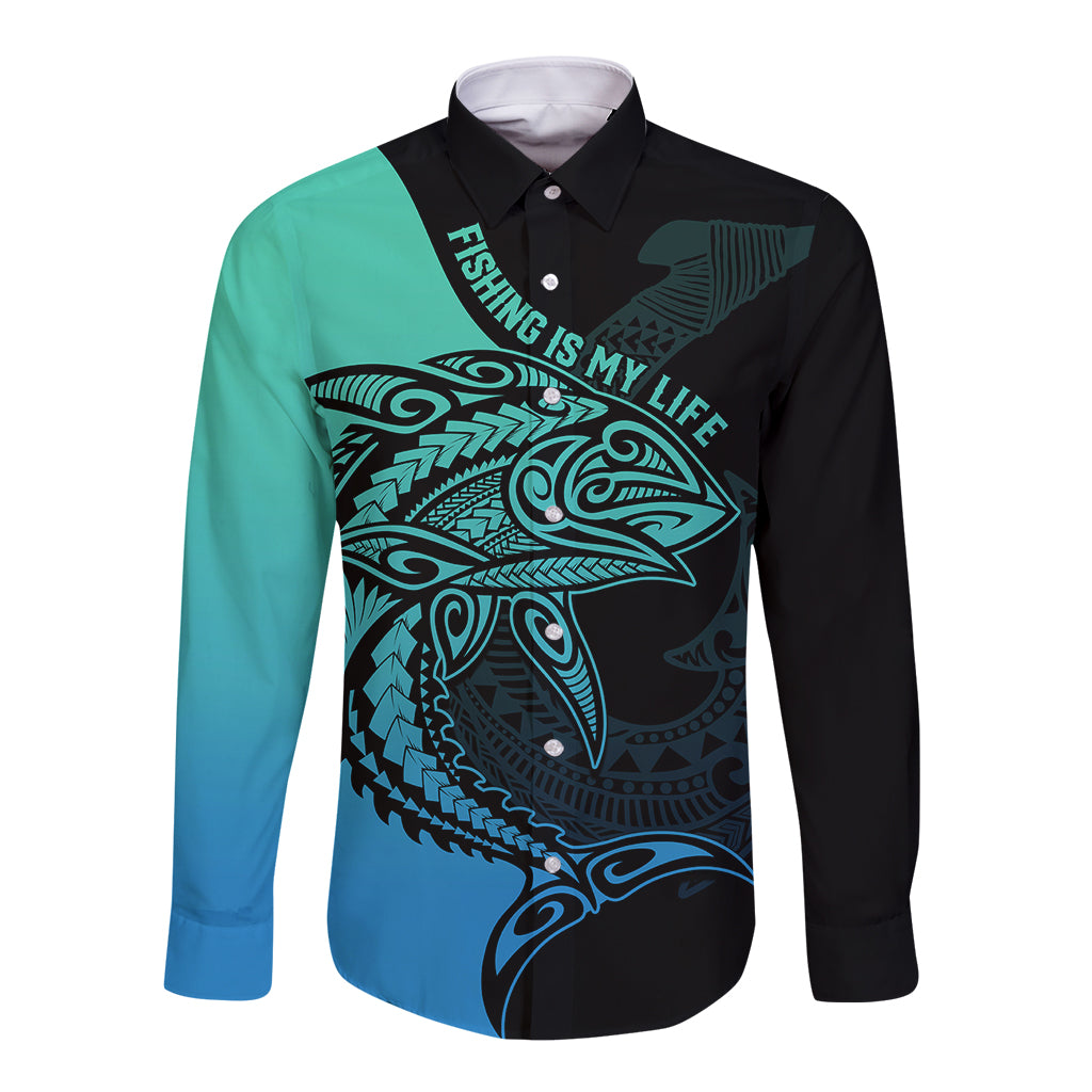 Personalised Polynesia Fishing Long Sleeve Button Shirt With Maori Hei Matau Fish Hook Turquoise Art - Wonder Print Shop