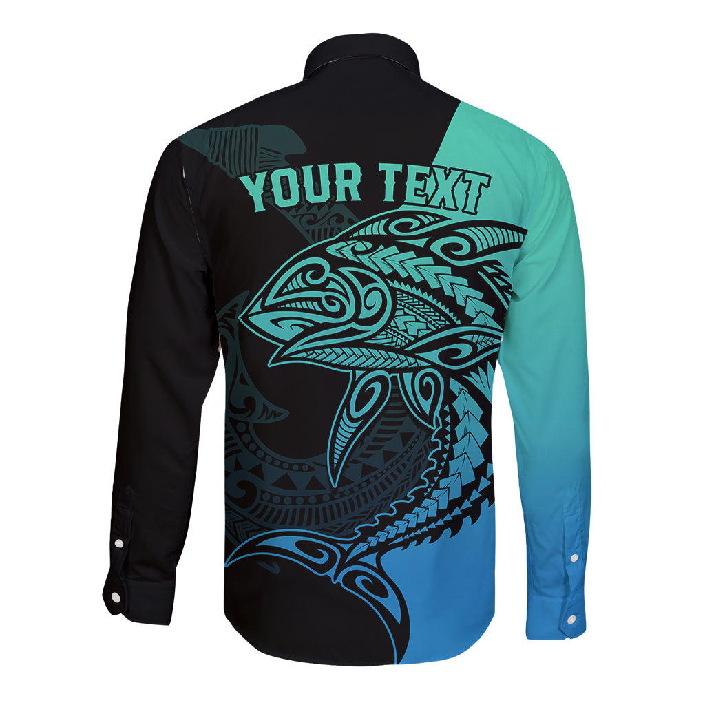 Personalised Polynesia Fishing Long Sleeve Button Shirt With Maori Hei Matau Fish Hook Turquoise Art - Wonder Print Shop