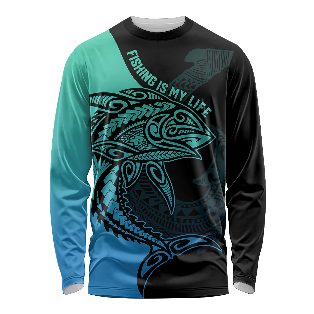 Personalised Polynesia Fishing Long Sleeve Shirt With Maori Hei Matau Fish Hook Turquoise Art - Wonder Print Shop