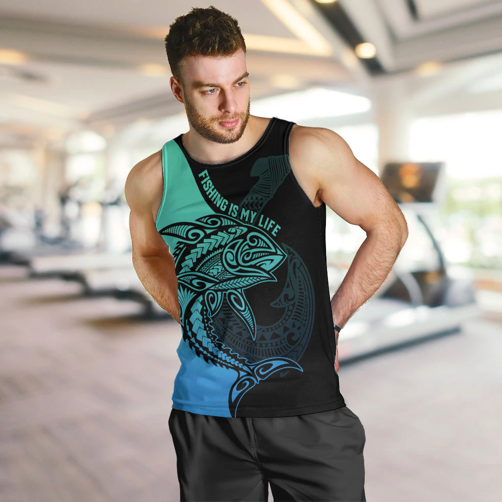 Personalised Polynesia Fishing Men Tank Top With Maori Hei Matau Fish Hook Turquoise Art - Wonder Print Shop