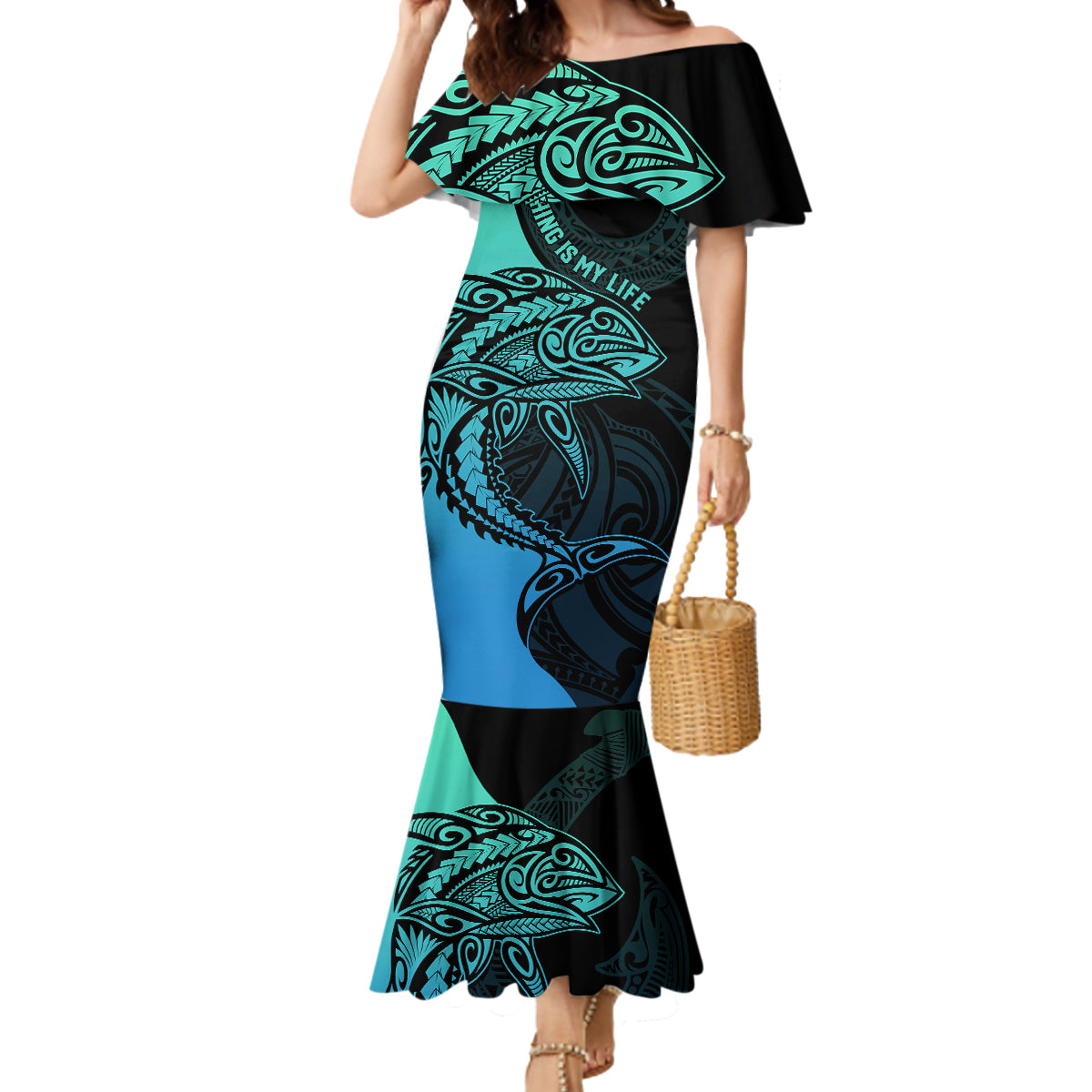 Personalised Polynesia Fishing Mermaid Dress With Maori Hei Matau Fish Hook Turquoise Art - Wonder Print Shop