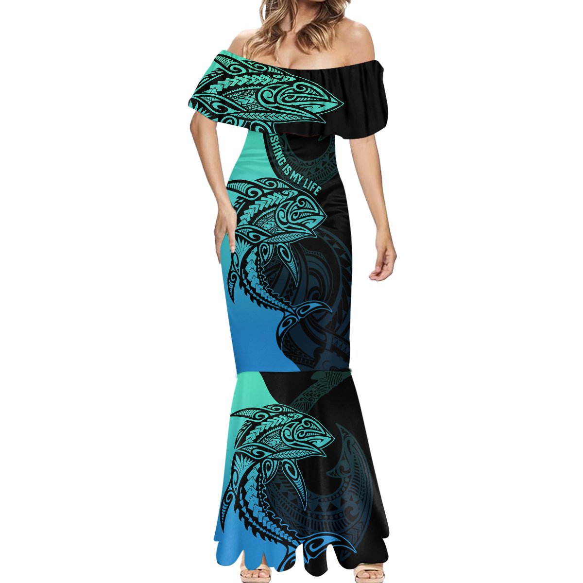 Personalised Polynesia Fishing Mermaid Dress With Maori Hei Matau Fish Hook Turquoise Art - Wonder Print Shop