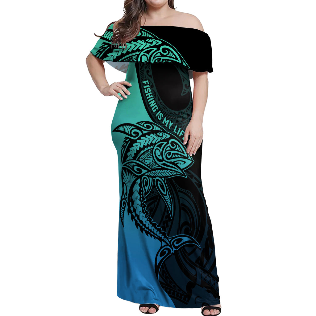 Personalised Polynesia Fishing Off Shoulder Maxi Dress With Maori Hei Matau Fish Hook Turquoise Art - Wonder Print Shop