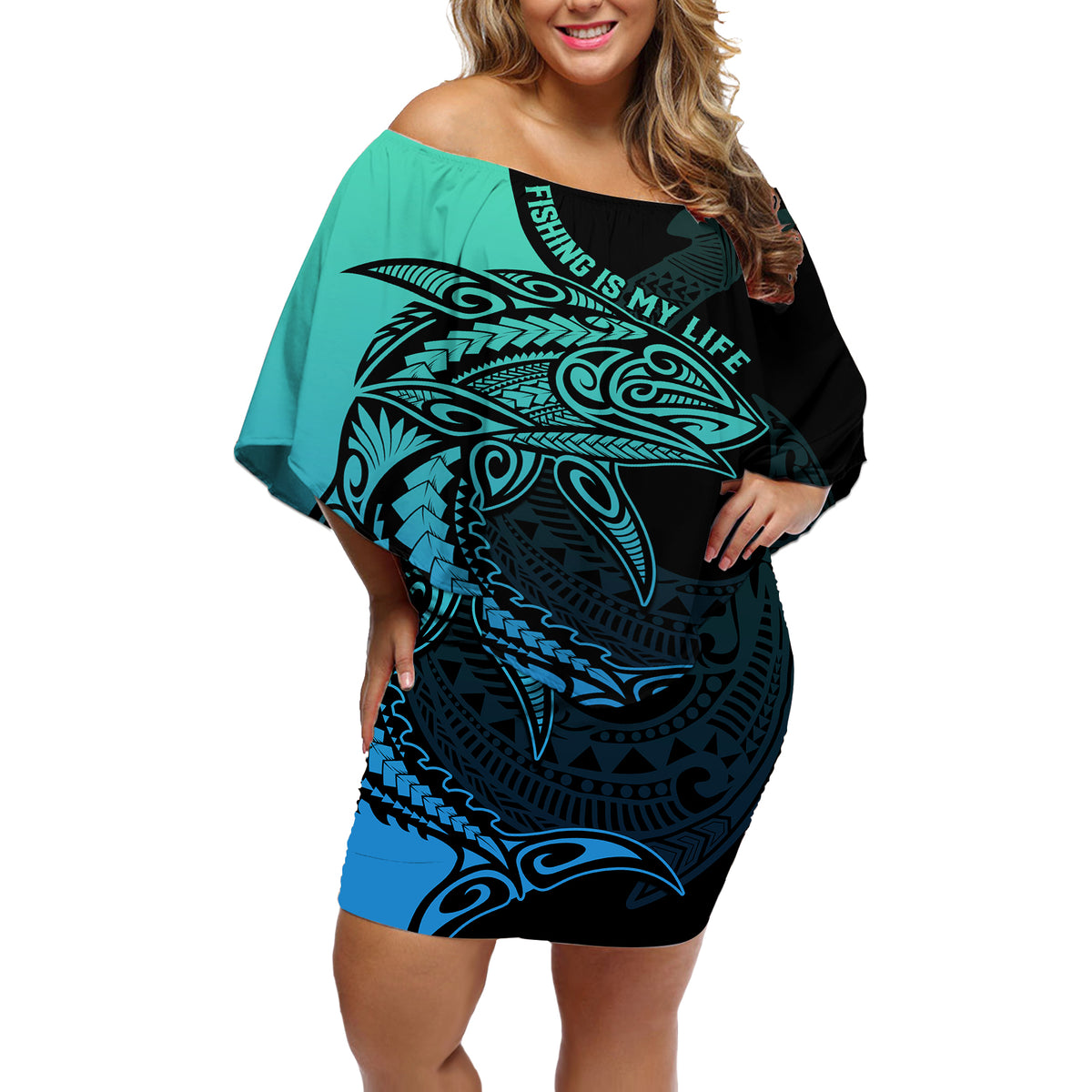 Personalised Polynesia Fishing Off Shoulder Short Dress With Maori Hei Matau Fish Hook Turquoise Art - Wonder Print Shop