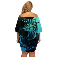 Personalised Polynesia Fishing Off Shoulder Short Dress With Maori Hei Matau Fish Hook Turquoise Art - Wonder Print Shop