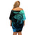 Personalised Polynesia Fishing Off Shoulder Short Dress With Maori Hei Matau Fish Hook Turquoise Art - Wonder Print Shop
