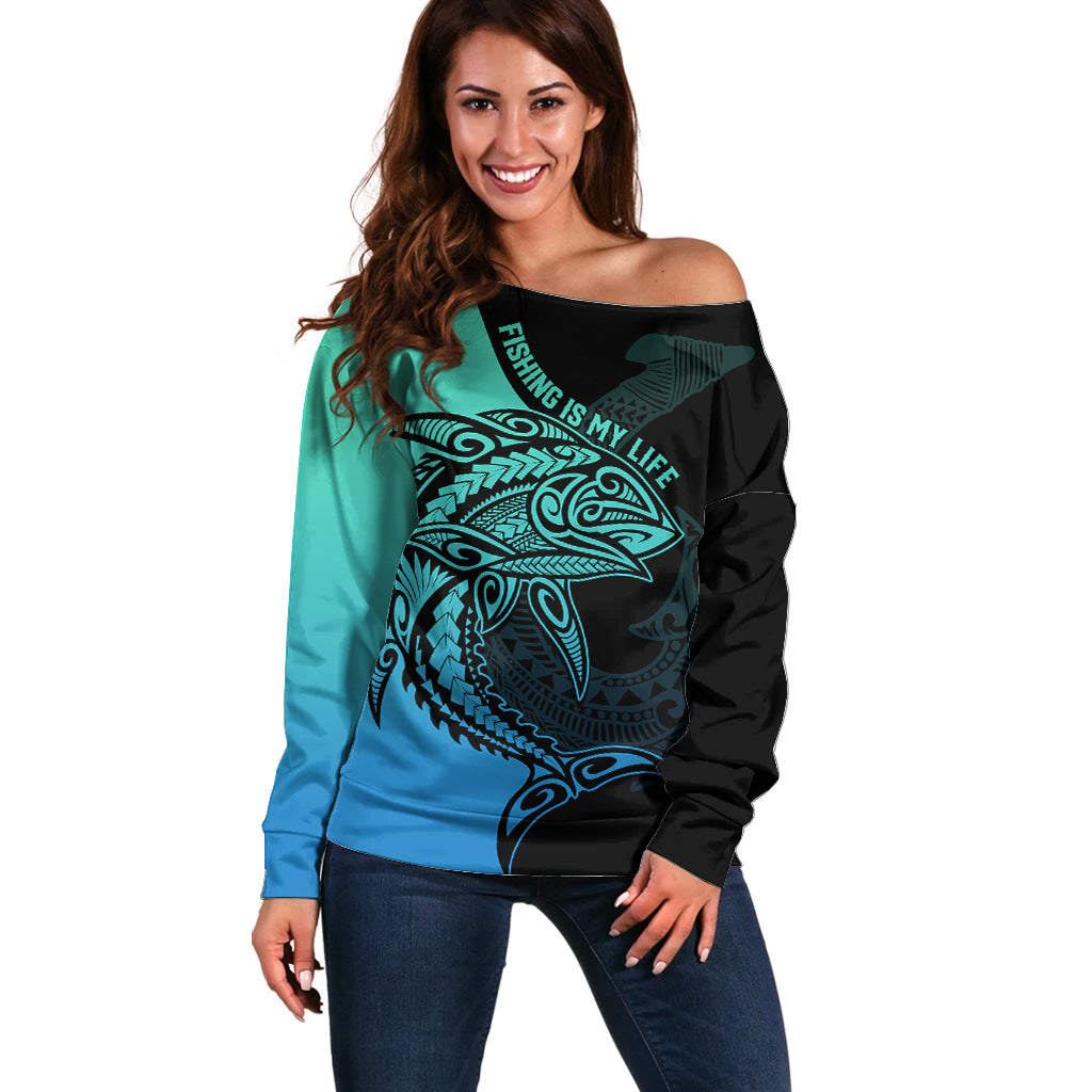 Personalised Polynesia Fishing Off Shoulder Sweater With Maori Hei Matau Fish Hook Turquoise Art - Wonder Print Shop