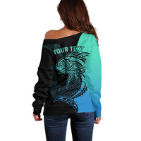 Personalised Polynesia Fishing Off Shoulder Sweater With Maori Hei Matau Fish Hook Turquoise Art - Wonder Print Shop