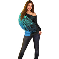 Personalised Polynesia Fishing Off Shoulder Sweater With Maori Hei Matau Fish Hook Turquoise Art - Wonder Print Shop