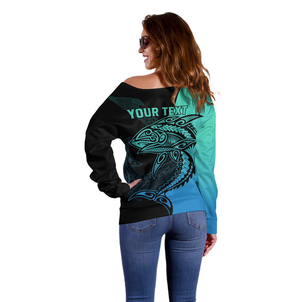 Personalised Polynesia Fishing Off Shoulder Sweater With Maori Hei Matau Fish Hook Turquoise Art - Wonder Print Shop