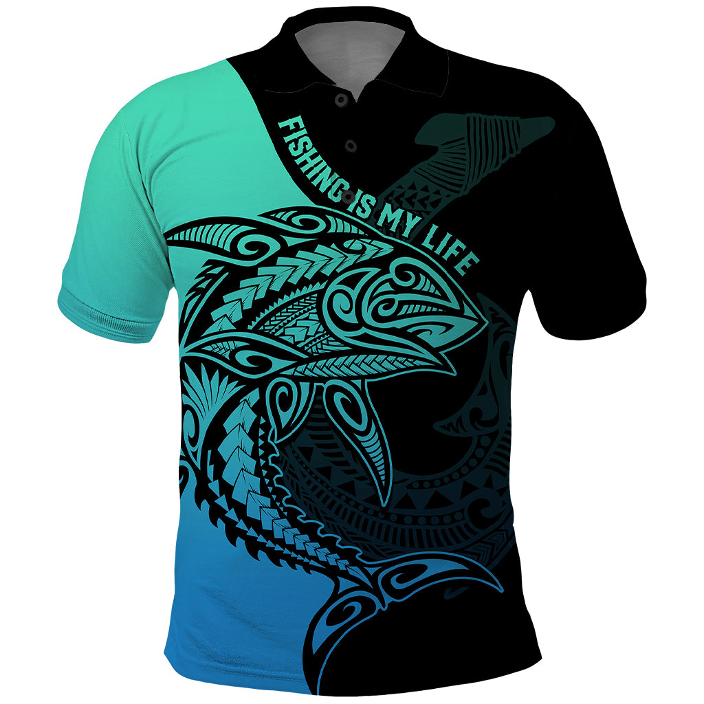 Personalised Polynesia Fishing Polo Shirt With Maori Hei Matau Fish Hook Turquoise Art - Wonder Print Shop
