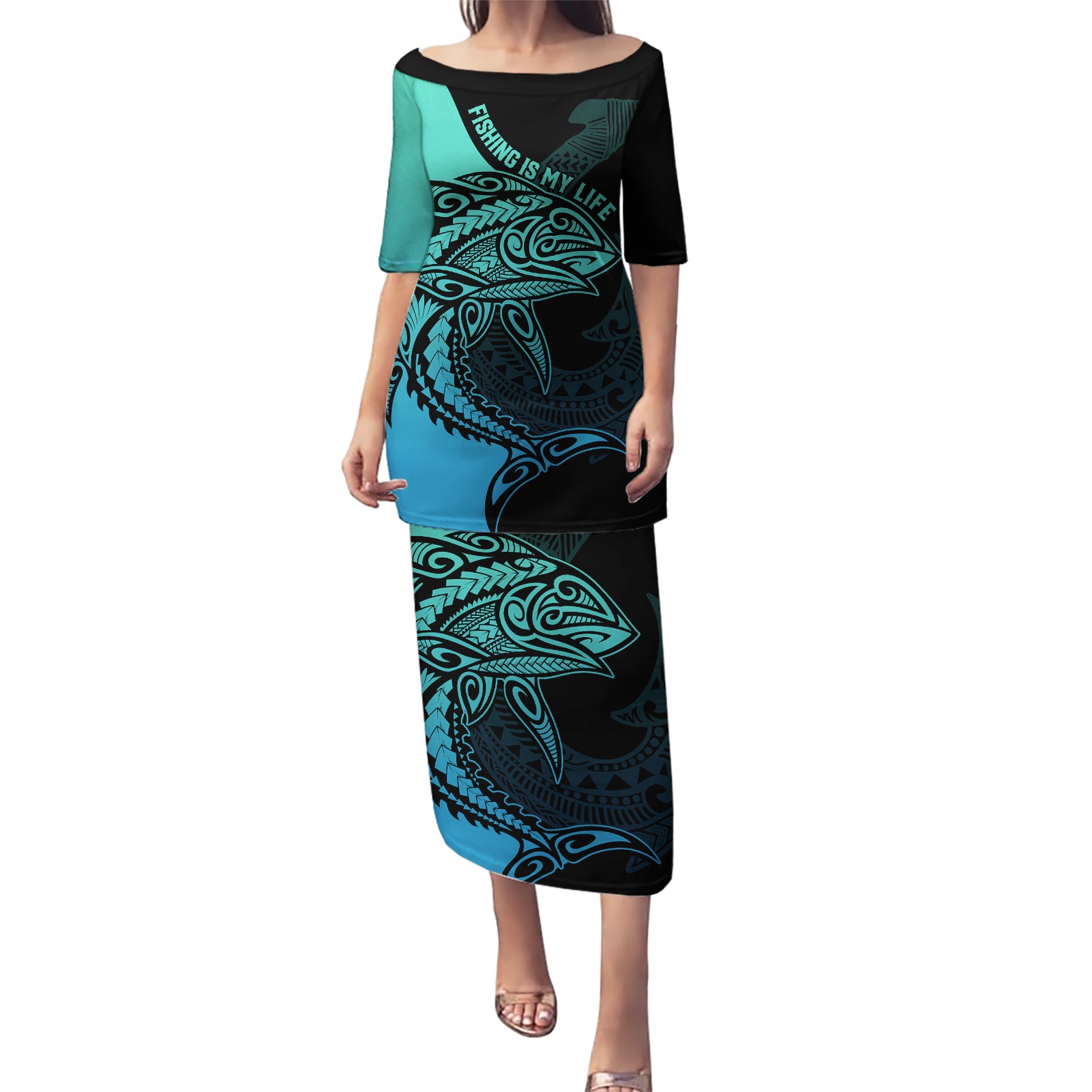 Personalised Polynesia Fishing Puletasi With Maori Hei Matau Fish Hook Turquoise Art - Wonder Print Shop