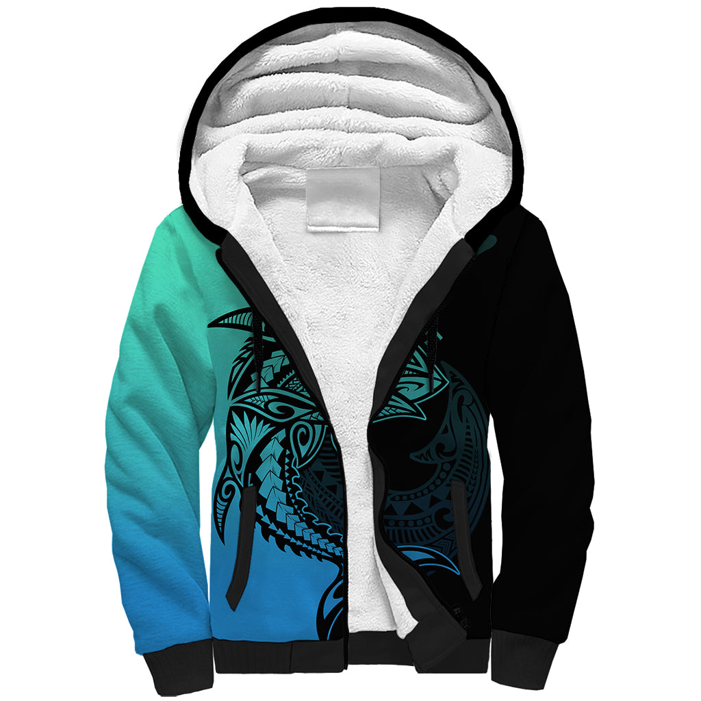 Personalised Polynesia Fishing Sherpa Hoodie With Maori Hei Matau Fish Hook Turquoise Art - Wonder Print Shop