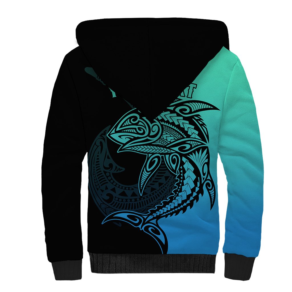 Personalised Polynesia Fishing Sherpa Hoodie With Maori Hei Matau Fish Hook Turquoise Art - Wonder Print Shop