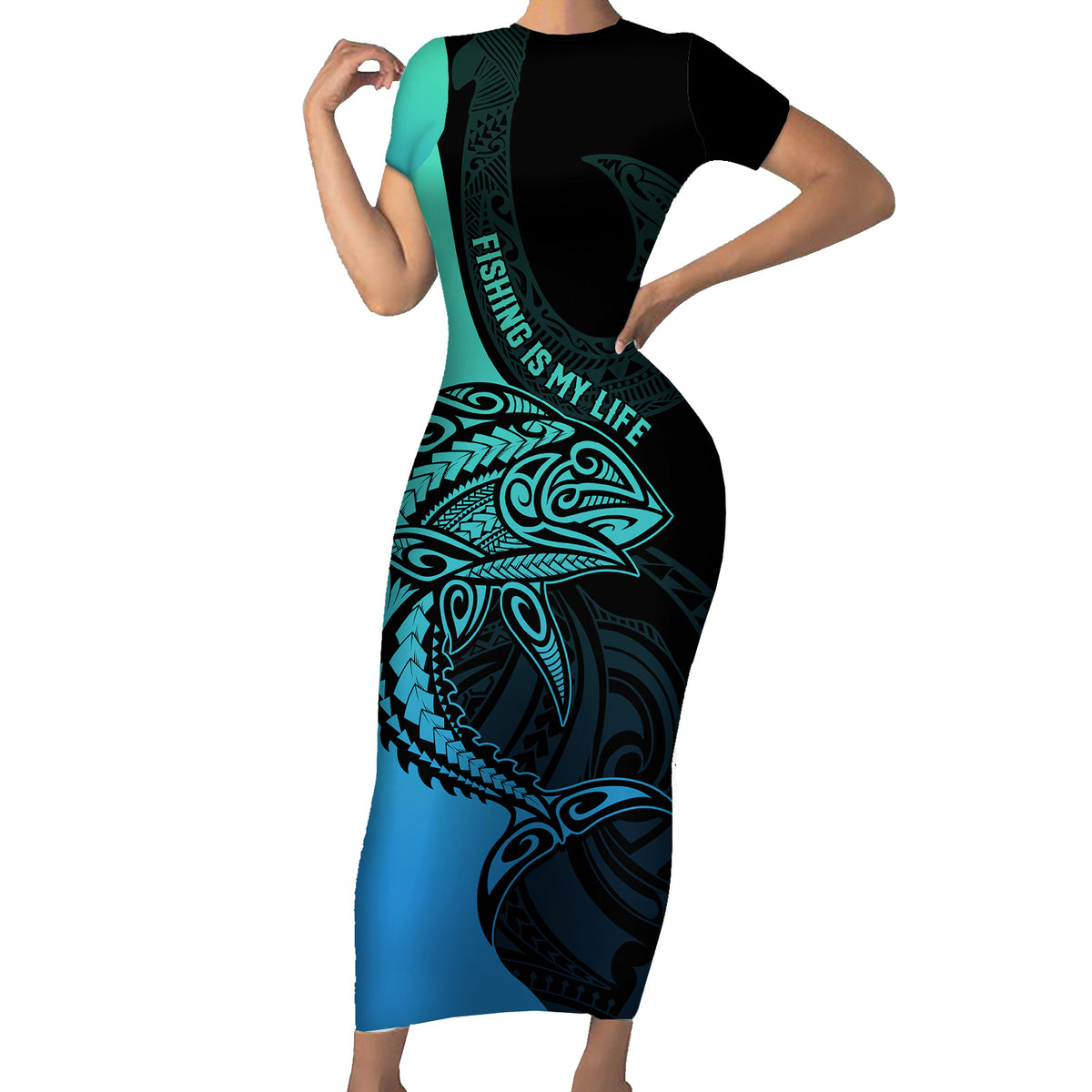 Personalised Polynesia Fishing Short Sleeve Bodycon Dress With Maori Hei Matau Fish Hook Turquoise Art - Wonder Print Shop
