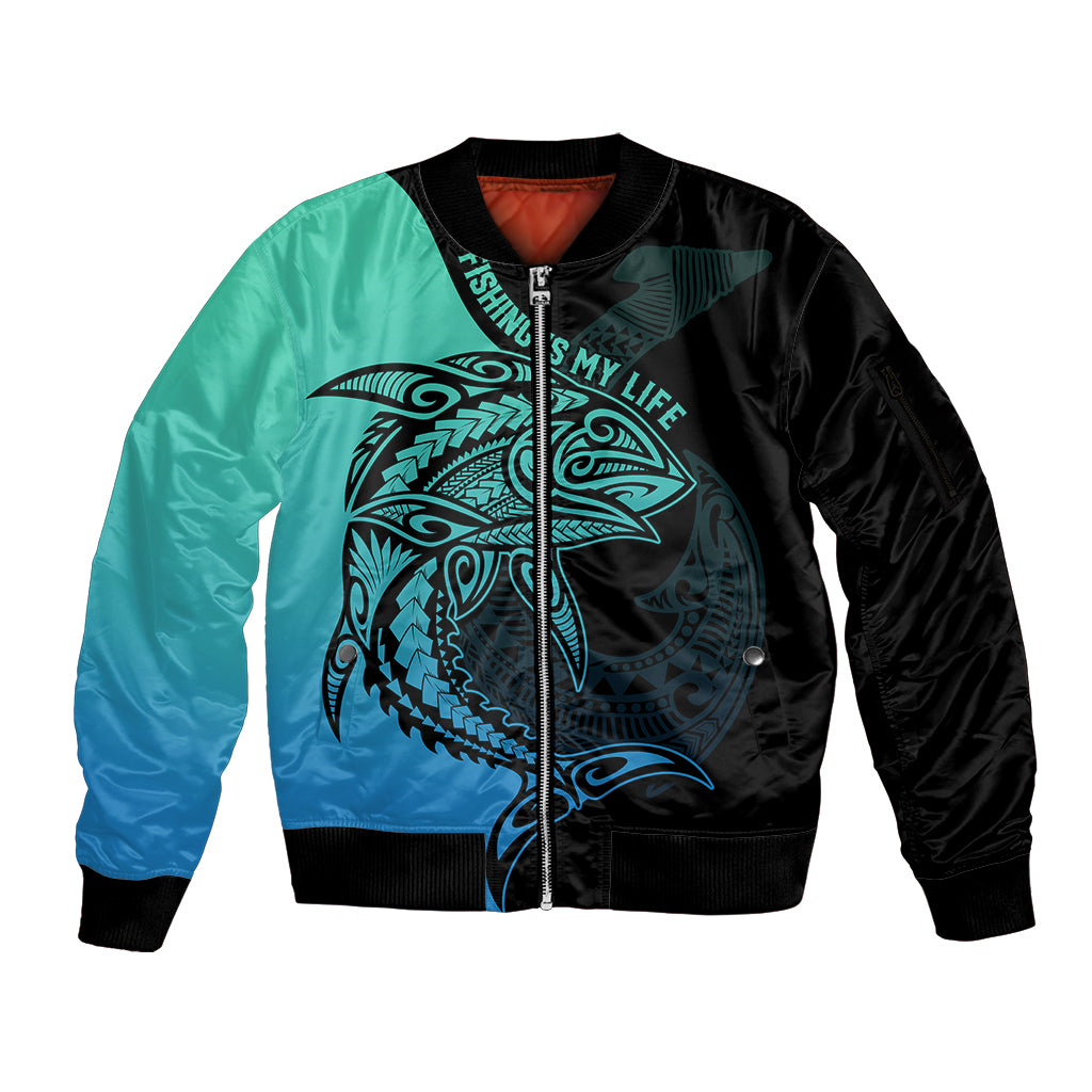 Personalised Polynesia Fishing Sleeve Zip Bomber Jacket With Maori Hei Matau Fish Hook Turquoise Art - Wonder Print Shop