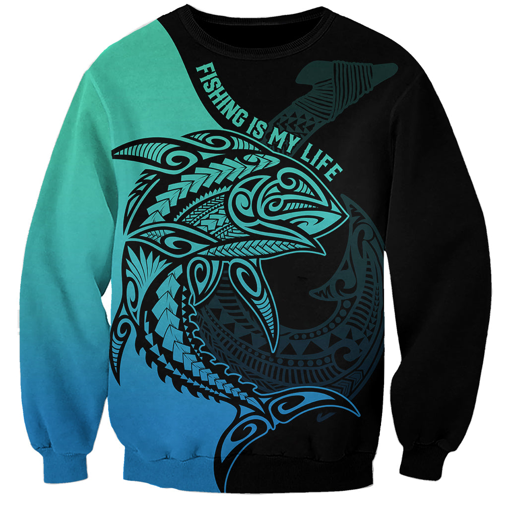 Personalised Polynesia Fishing Sweatshirt With Maori Hei Matau Fish Hook Turquoise Art - Wonder Print Shop