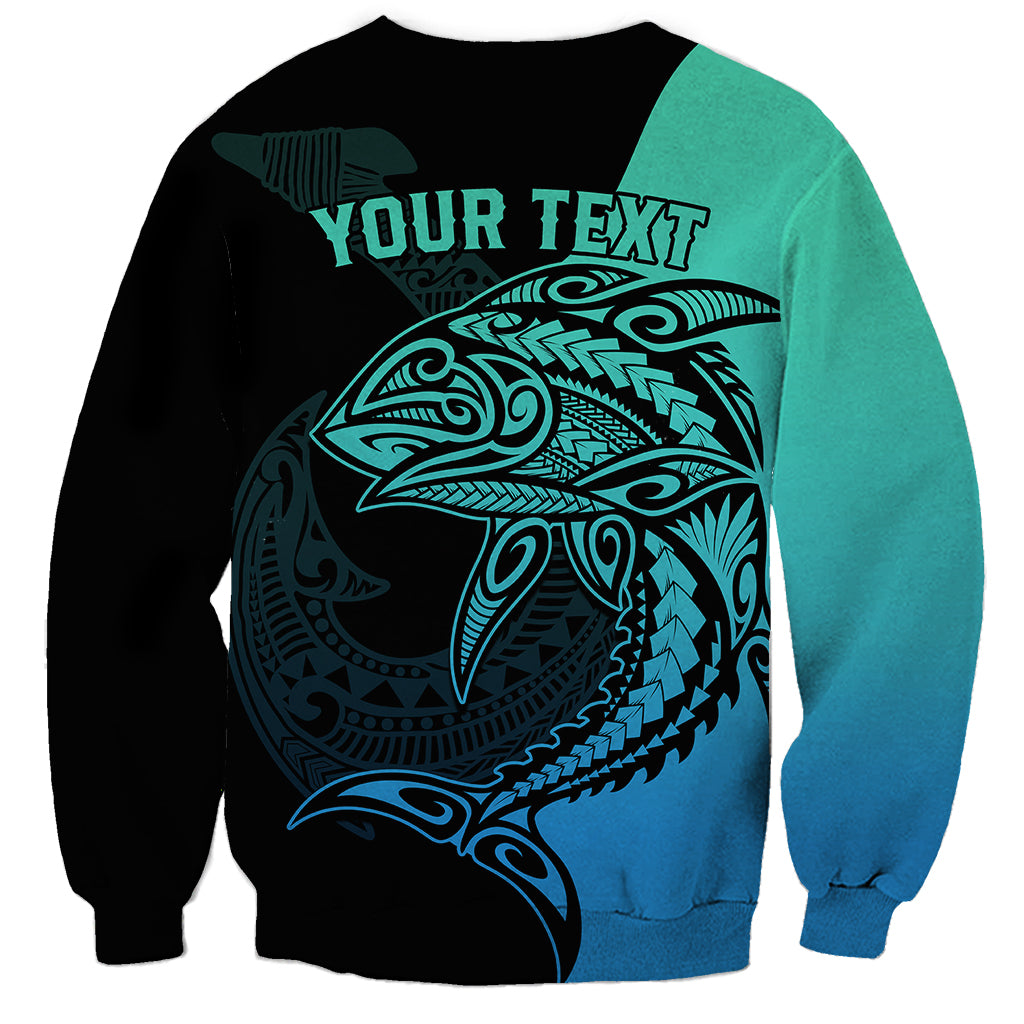 Personalised Polynesia Fishing Sweatshirt With Maori Hei Matau Fish Hook Turquoise Art - Wonder Print Shop