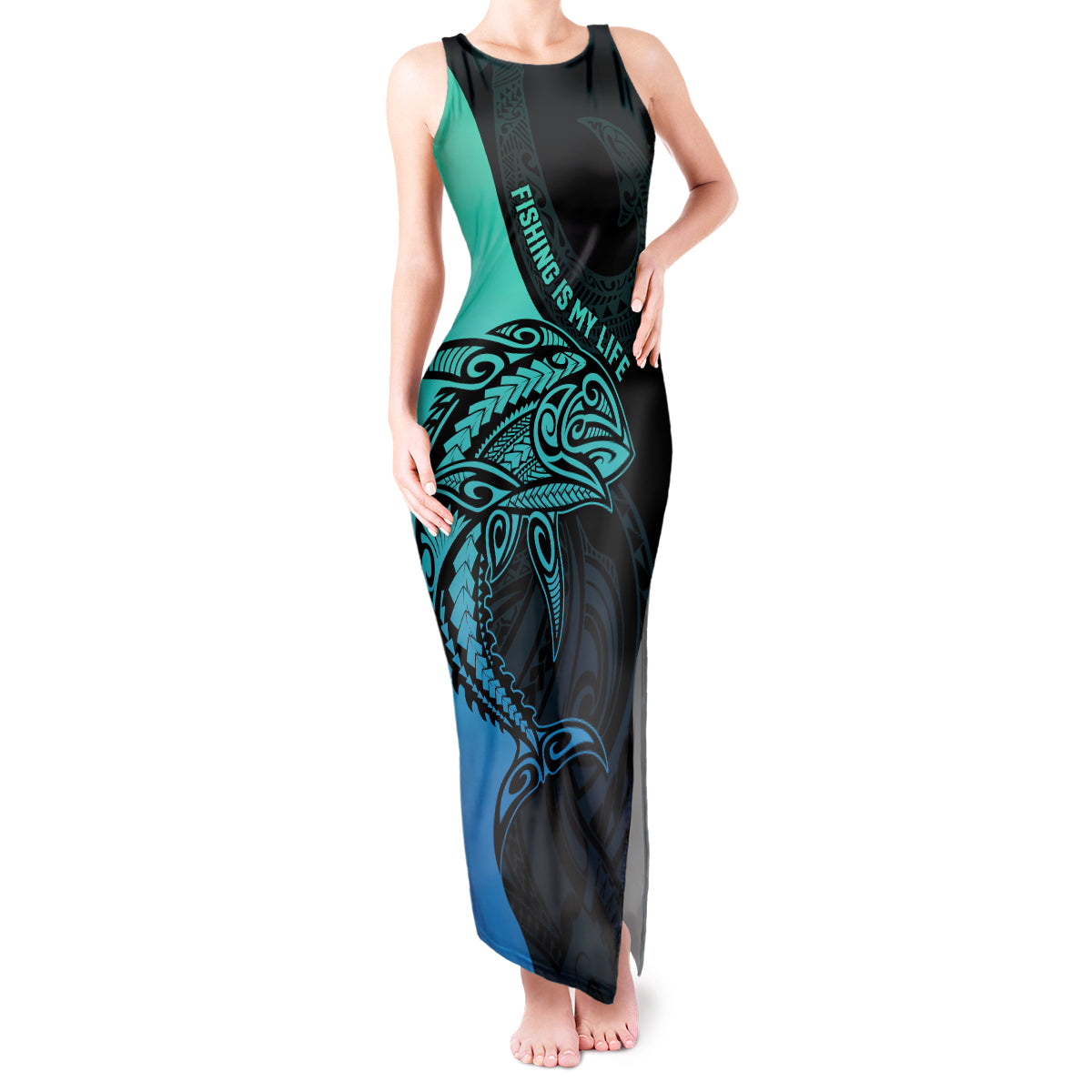 Personalised Polynesia Fishing Tank Maxi Dress With Maori Hei Matau Fish Hook Turquoise Art - Wonder Print Shop
