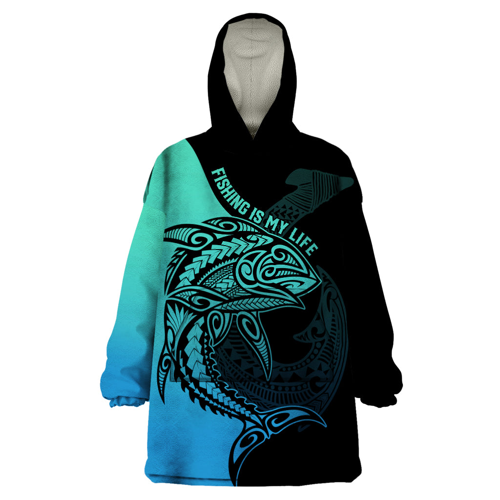 Personalised Polynesia Fishing Wearable Blanket Hoodie With Maori Hei Matau Fish Hook Turquoise Art - Wonder Print Shop
