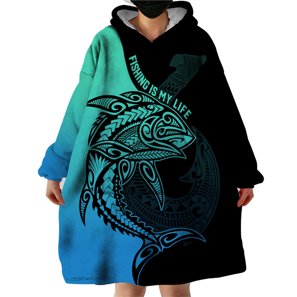 Personalised Polynesia Fishing Wearable Blanket Hoodie With Maori Hei Matau Fish Hook Turquoise Art - Wonder Print Shop