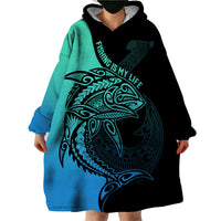 Personalised Polynesia Fishing Wearable Blanket Hoodie With Maori Hei Matau Fish Hook Turquoise Art - Wonder Print Shop