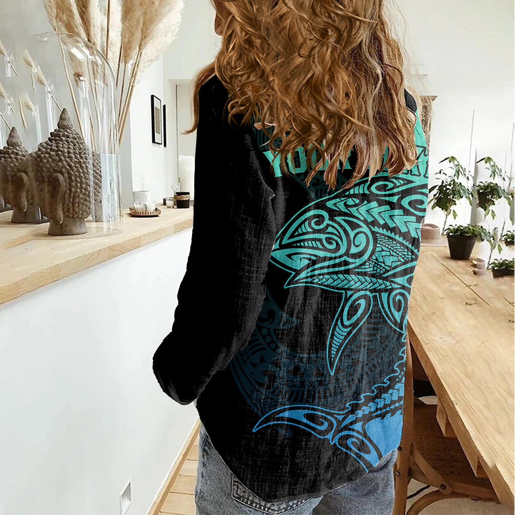 Personalised Polynesia Fishing Women Casual Shirt With Maori Hei Matau Fish Hook Turquoise Art - Wonder Print Shop