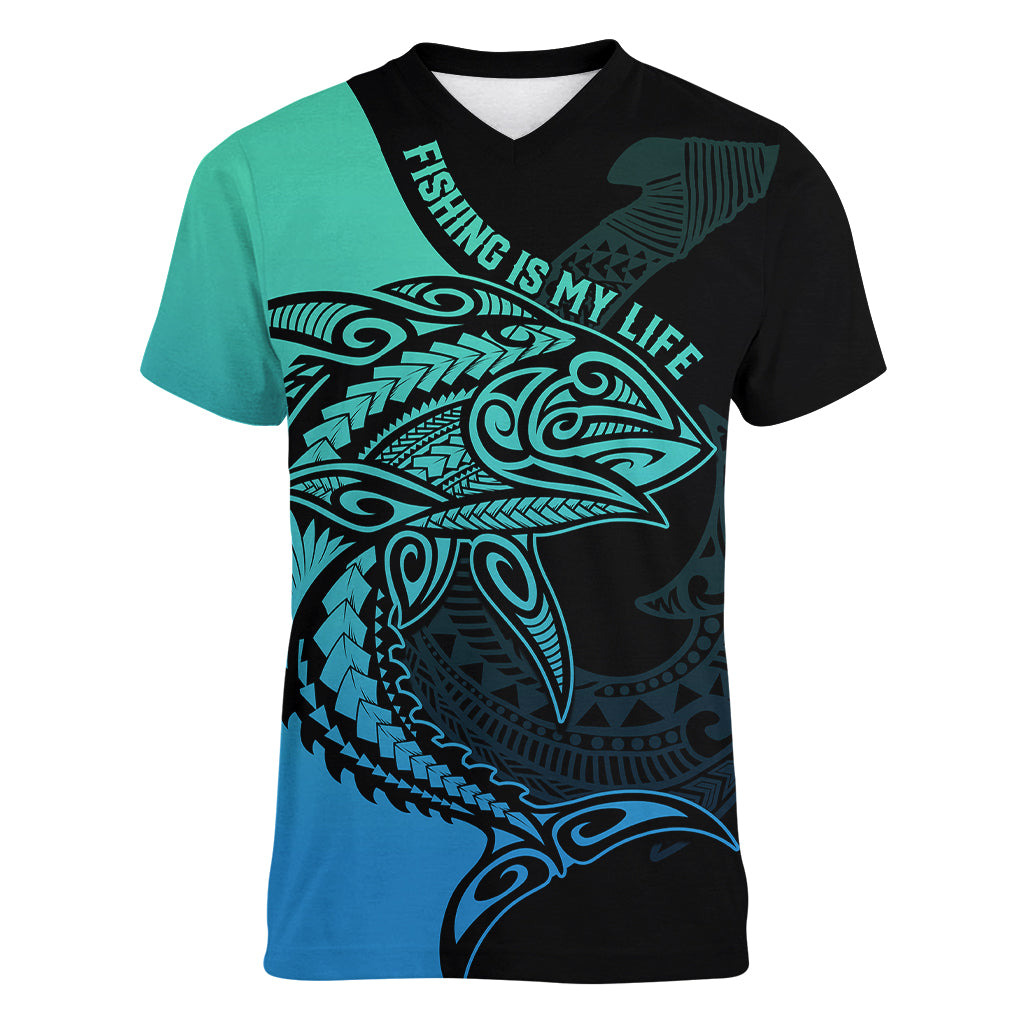 Personalised Polynesia Fishing Women V Neck T Shirt With Maori Hei Matau Fish Hook Turquoise Art - Wonder Print Shop