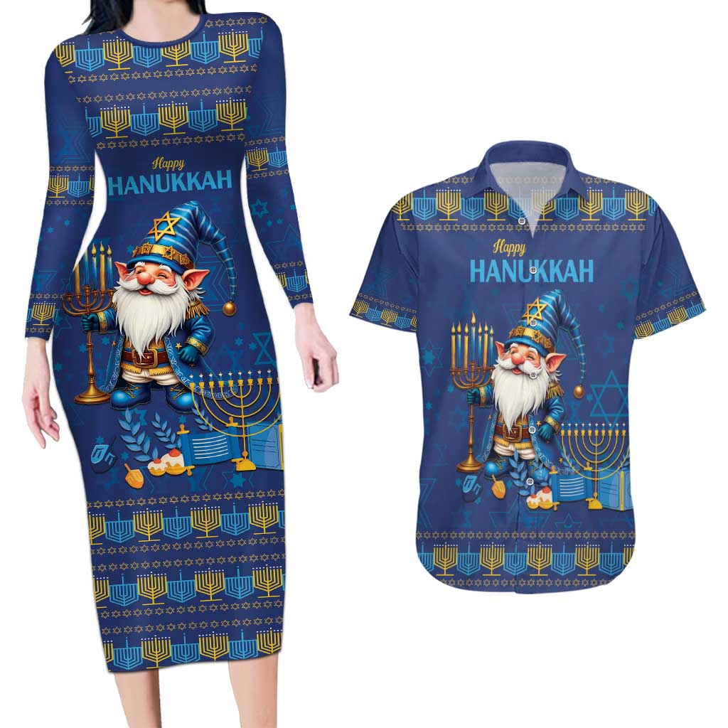 Hanukkah Jewish Star of David Couples Matching Long Sleeve Bodycon Dress and Hawaiian Shirt Chilling With My Gnomies LT9 - Wonder Print Shop