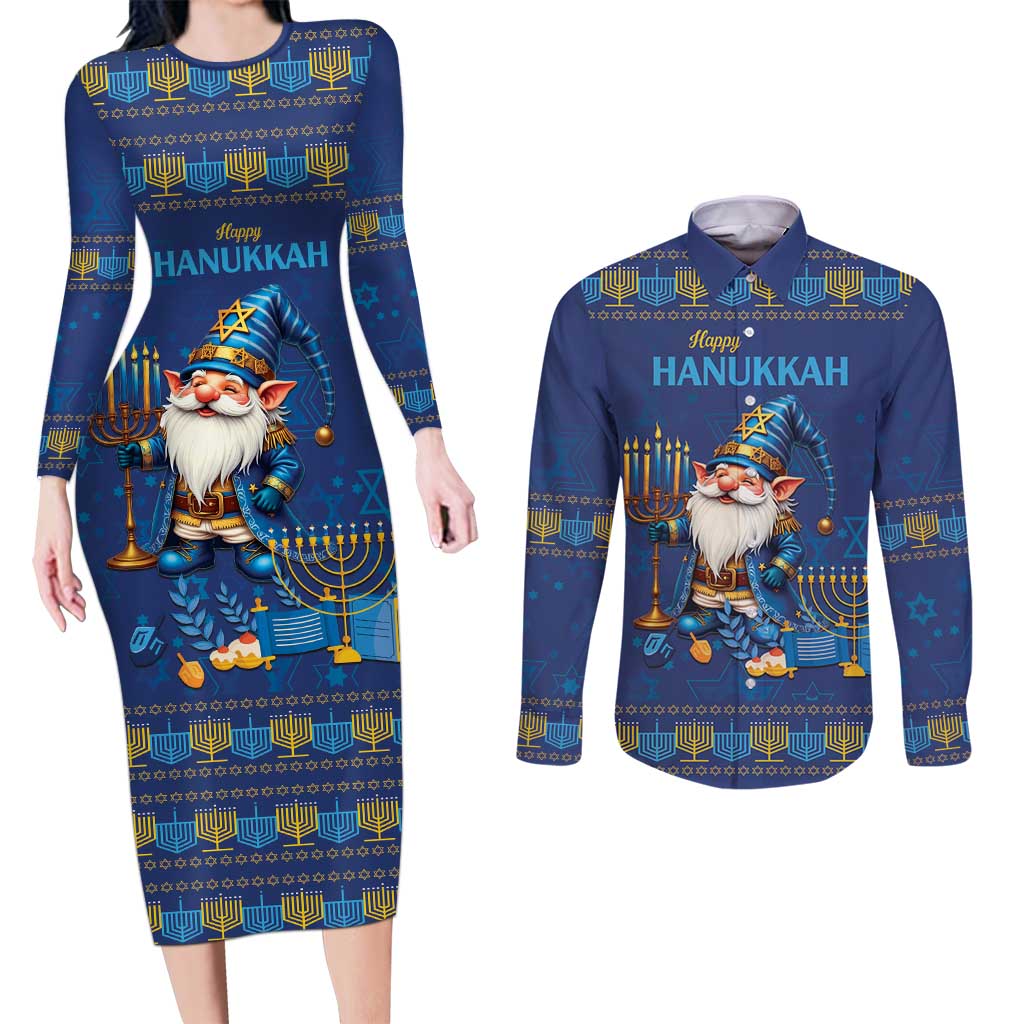 Hanukkah Jewish Star of David Couples Matching Long Sleeve Bodycon Dress and Long Sleeve Button Shirt Chilling With My Gnomies LT9 - Wonder Print Shop