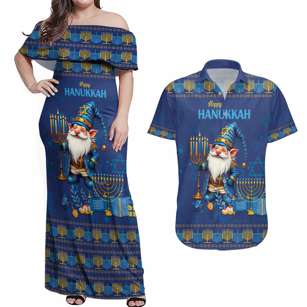 Hanukkah Jewish Star of David Couples Matching Off Shoulder Maxi Dress and Hawaiian Shirt Chilling With My Gnomies LT9 - Wonder Print Shop