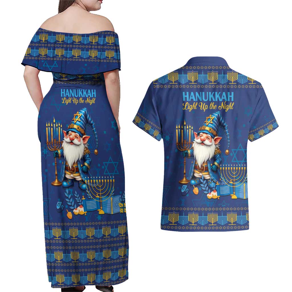 Hanukkah Jewish Star of David Couples Matching Off Shoulder Maxi Dress and Hawaiian Shirt Chilling With My Gnomies LT9 - Wonder Print Shop