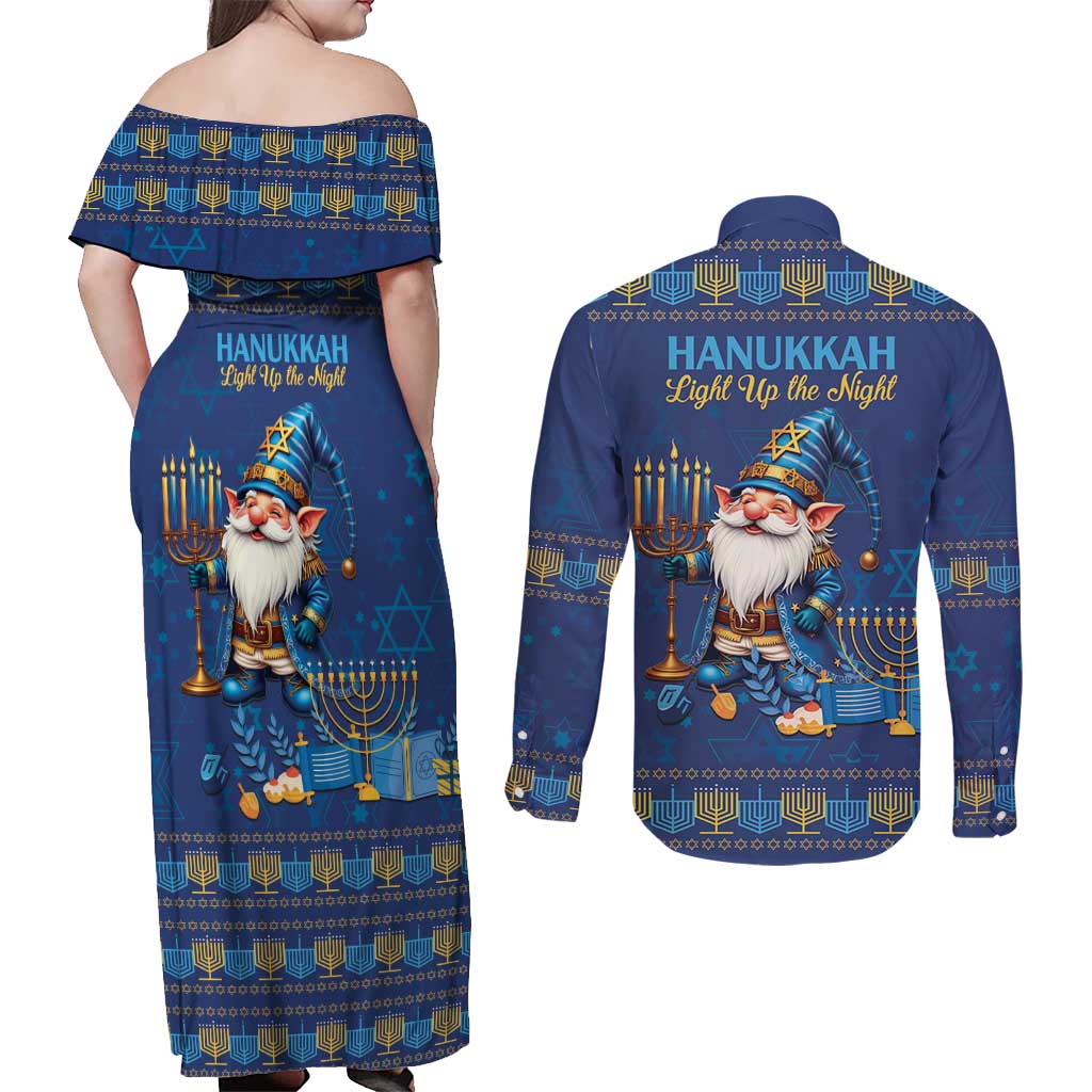 Hanukkah Jewish Star of David Couples Matching Off Shoulder Maxi Dress and Long Sleeve Button Shirt Chilling With My Gnomies LT9 - Wonder Print Shop
