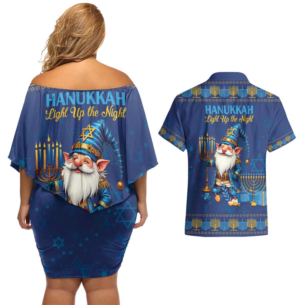 Hanukkah Jewish Star of David Couples Matching Off Shoulder Short Dress and Hawaiian Shirt Chilling With My Gnomies LT9 - Wonder Print Shop