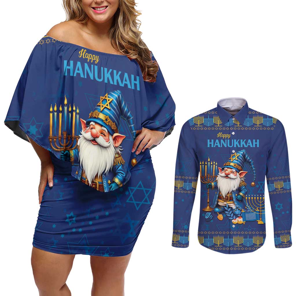 Hanukkah Jewish Star of David Couples Matching Off Shoulder Short Dress and Long Sleeve Button Shirt Chilling With My Gnomies LT9 - Wonder Print Shop