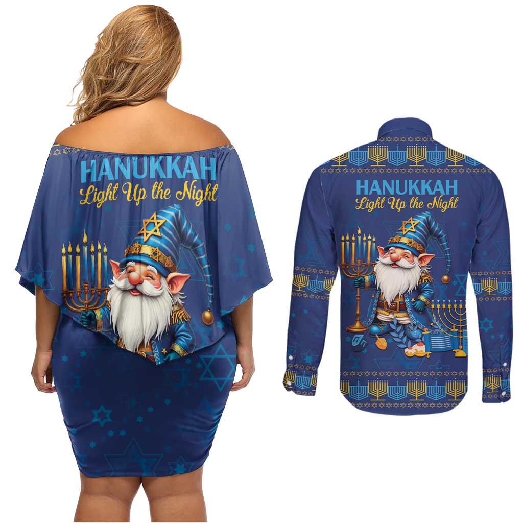 Hanukkah Jewish Star of David Couples Matching Off Shoulder Short Dress and Long Sleeve Button Shirt Chilling With My Gnomies LT9 - Wonder Print Shop