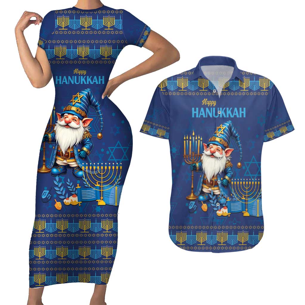 Hanukkah Jewish Star of David Couples Matching Short Sleeve Bodycon Dress and Hawaiian Shirt Chilling With My Gnomies LT9 - Wonder Print Shop