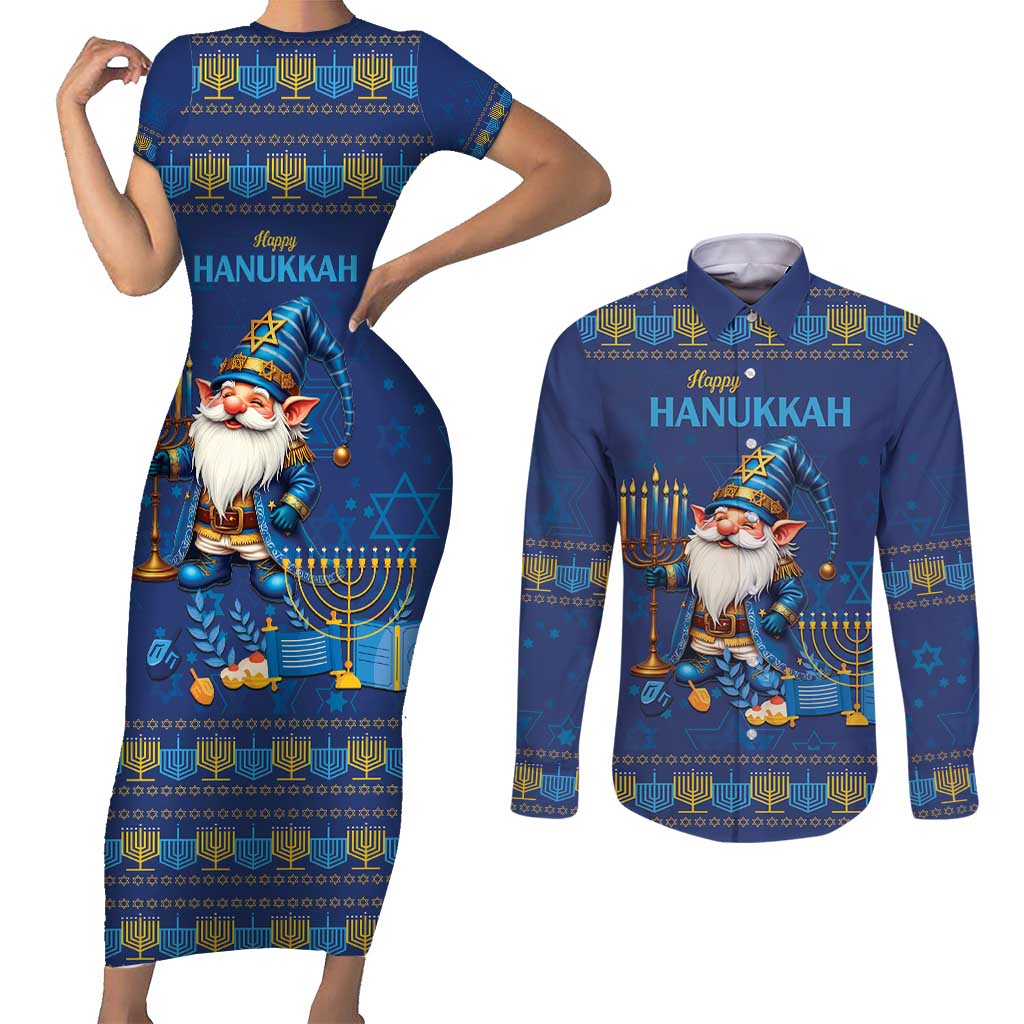 Hanukkah Jewish Star of David Couples Matching Short Sleeve Bodycon Dress and Long Sleeve Button Shirt Chilling With My Gnomies LT9 - Wonder Print Shop