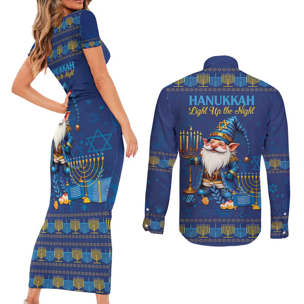 Hanukkah Jewish Star of David Couples Matching Short Sleeve Bodycon Dress and Long Sleeve Button Shirt Chilling With My Gnomies LT9 - Wonder Print Shop