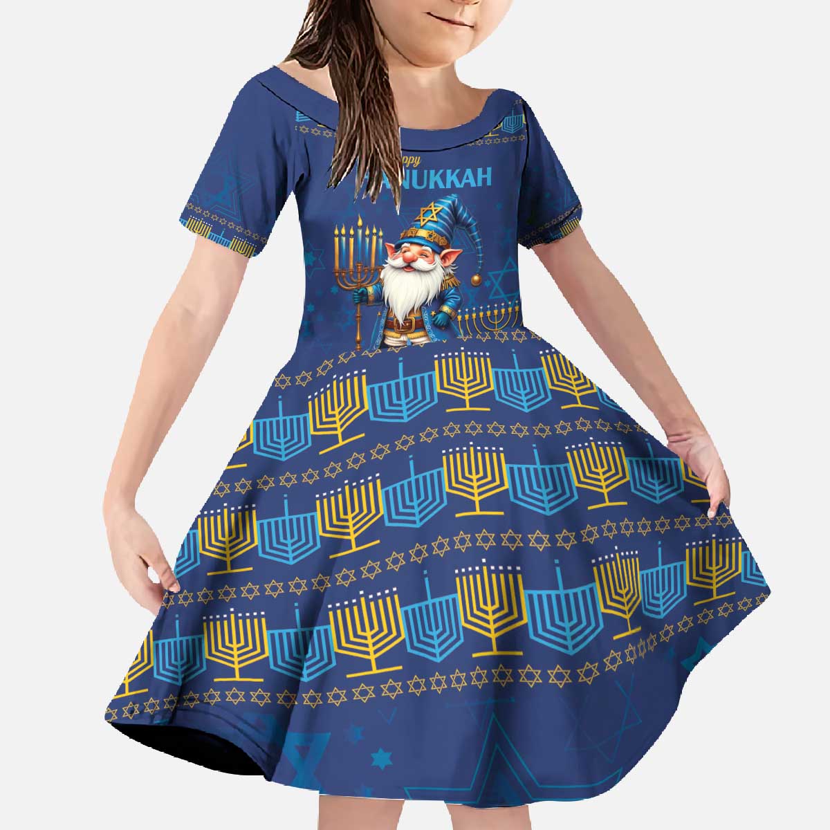 Hanukkah Jewish Star of David Family Matching Off The Shoulder Long Sleeve Dress and Hawaiian Shirt Chilling With My Gnomies - Wonder Print Shop