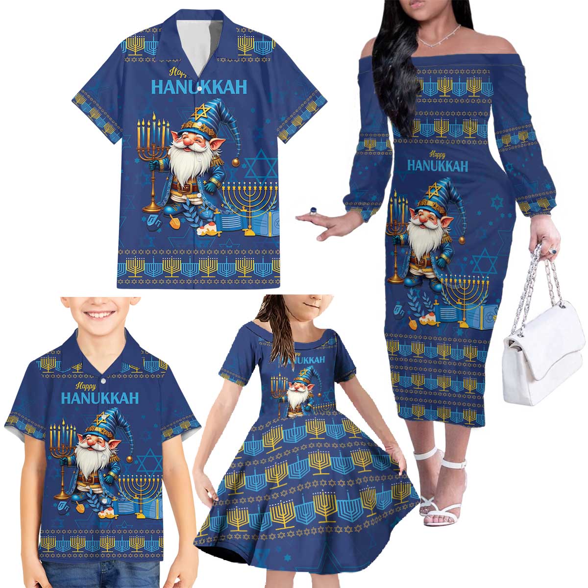 Hanukkah Jewish Star of David Family Matching Off The Shoulder Long Sleeve Dress and Hawaiian Shirt Chilling With My Gnomies - Wonder Print Shop