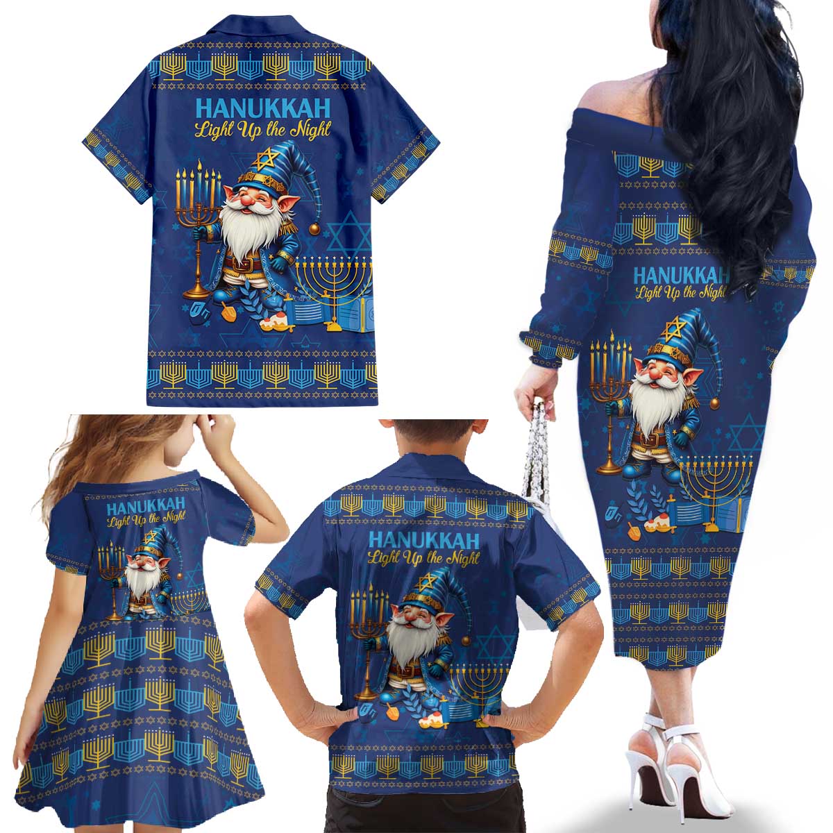 Hanukkah Jewish Star of David Family Matching Off The Shoulder Long Sleeve Dress and Hawaiian Shirt Chilling With My Gnomies - Wonder Print Shop
