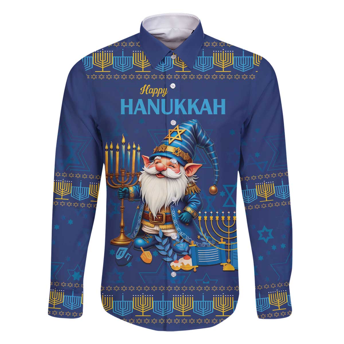 Hanukkah Jewish Star of David Family Matching Off The Shoulder Long Sleeve Dress and Hawaiian Shirt Chilling With My Gnomies - Wonder Print Shop