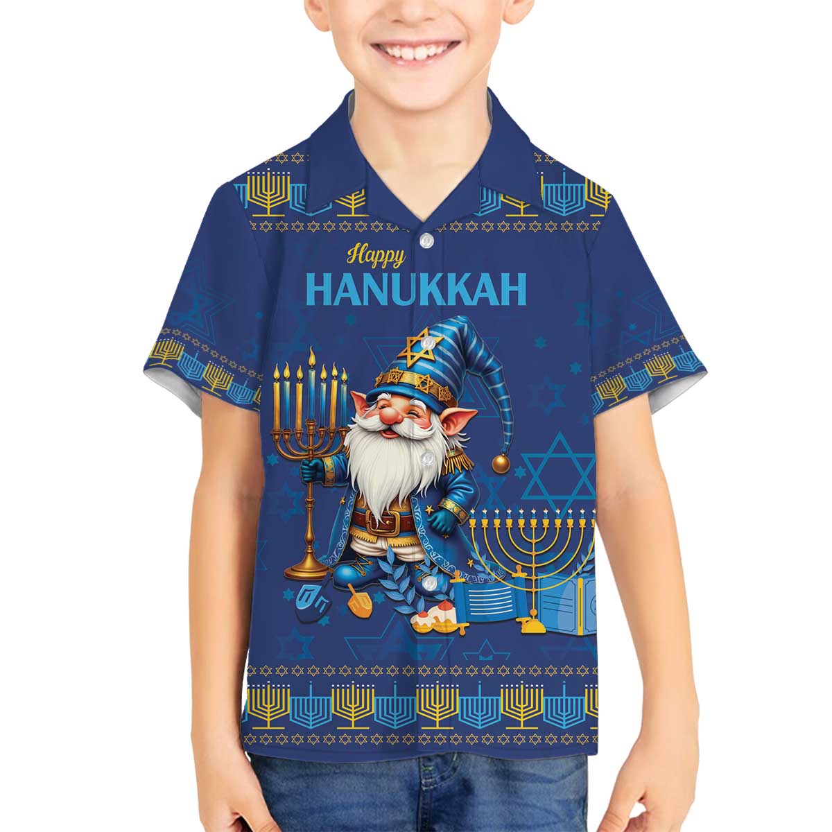 Hanukkah Jewish Star of David Family Matching Off The Shoulder Long Sleeve Dress and Hawaiian Shirt Chilling With My Gnomies - Wonder Print Shop