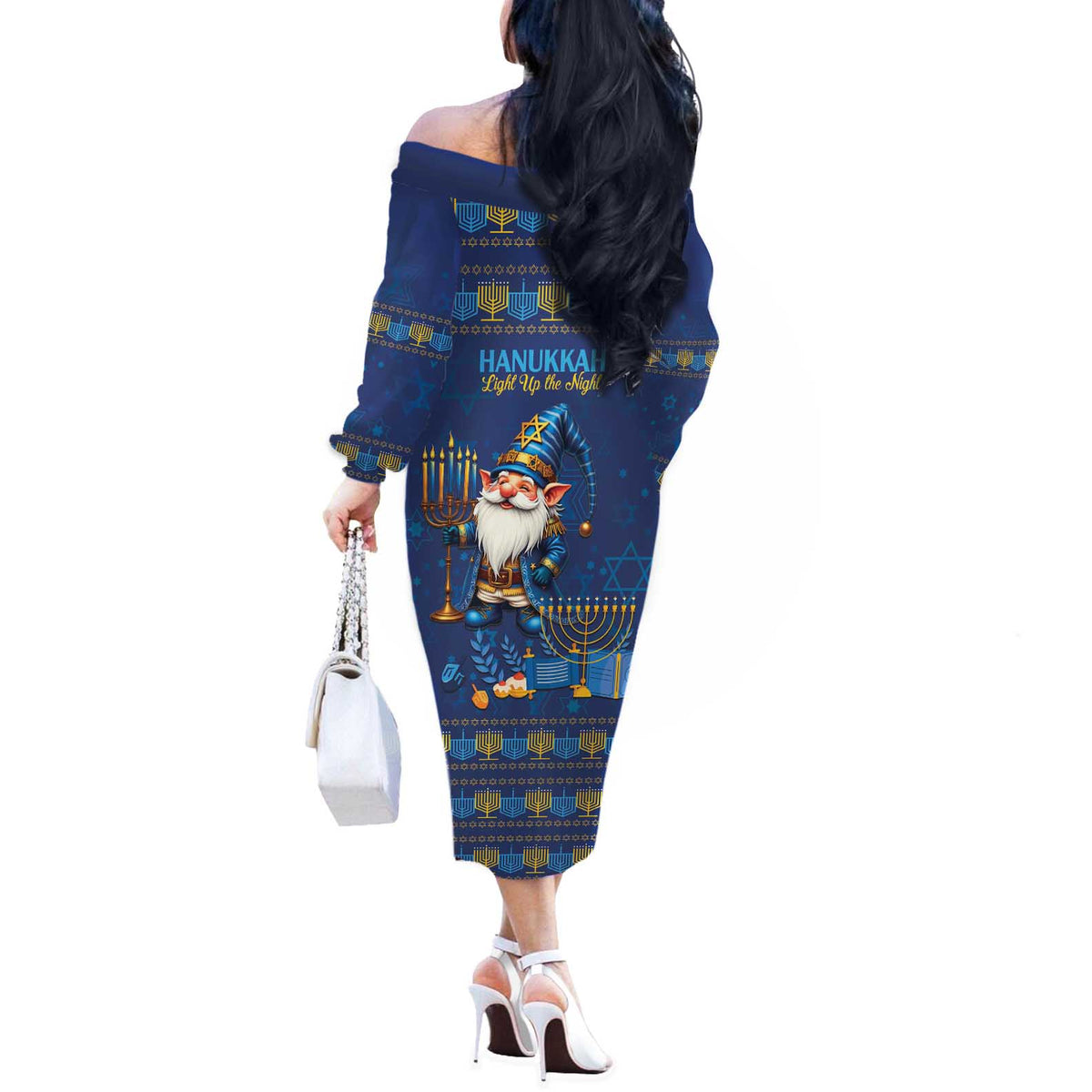 Hanukkah Jewish Star of David Off The Shoulder Long Sleeve Dress Chilling With My Gnomies - Wonder Print Shop