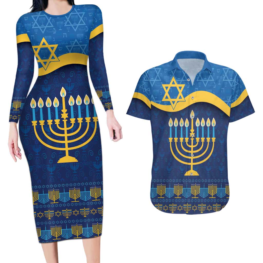 Love and Light Hanukkah Couples Matching Long Sleeve Bodycon Dress and Hawaiian Shirt The Hanukkiah Menorah Pattern LT9 - Wonder Print Shop